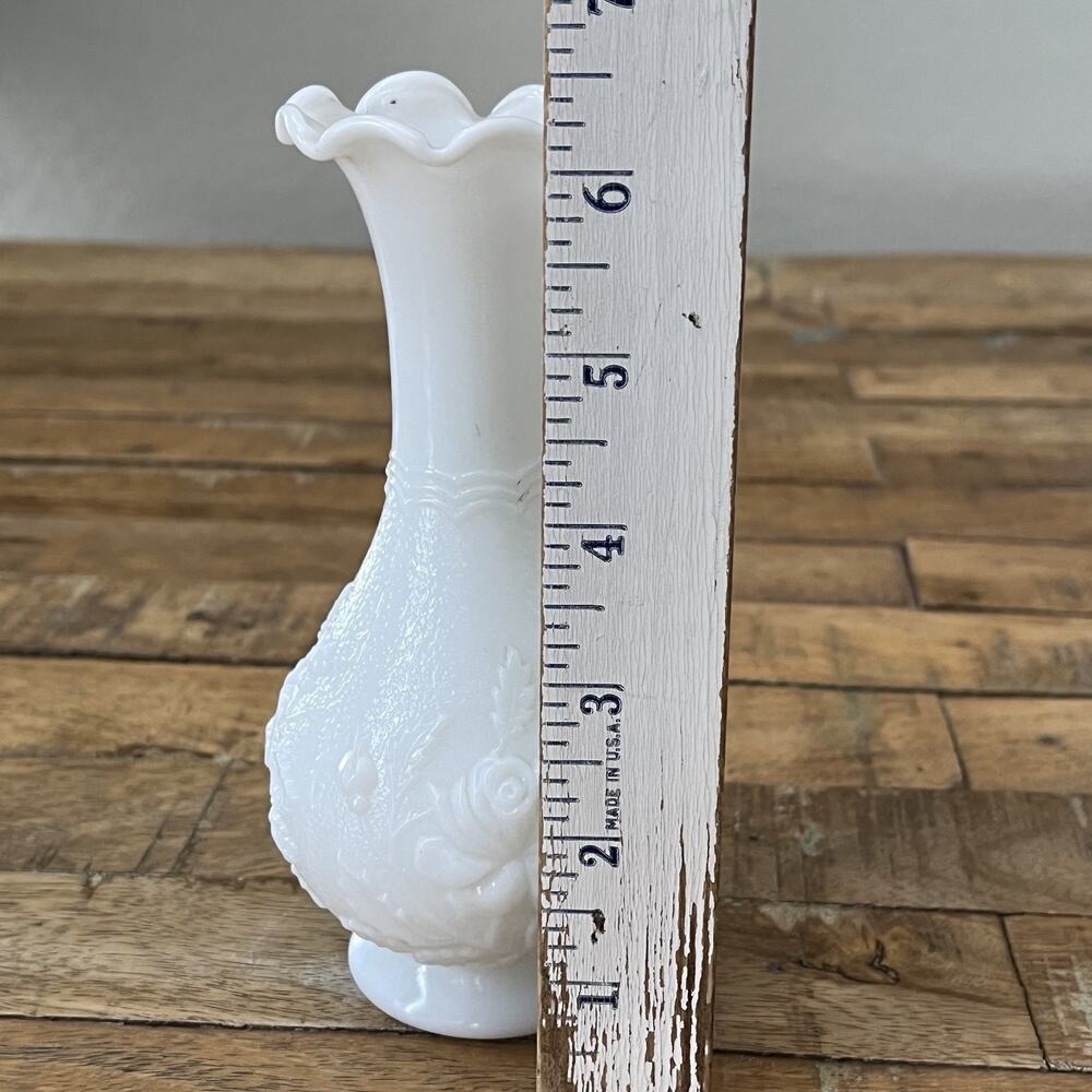 Imperial Milk Glass Bud Vase Embossed Roses Ruffled Scalloped Rim - Picture 9 of 12